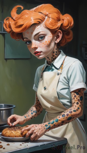 1girl,solo,looking at viewer,short hair,blue eyes,shirt,holding,white shirt,short sleeves,parted lips,food,collared shirt,indoors,nail polish,orange hair,apron,lips,makeup,knife,lipstick,monster girl,freckles,curly hair,red lips,bread,cooking,kitchen,stove,potato,cutting board,breasts,jewelry,earrings,realistic,nose,dirty