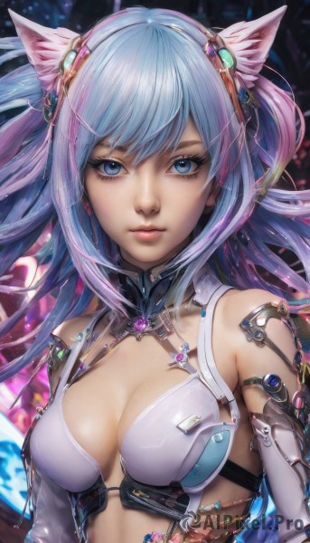 1girl,solo,long hair,breasts,looking at viewer,bangs,blue eyes,hair ornament,gloves,animal ears,cleavage,bare shoulders,medium breasts,closed mouth,blue hair,upper body,multicolored hair,elbow gloves,cat ears,lips,eyelashes,science fiction,realistic,pink hair,detached sleeves,gradient hair,expressionless,nose