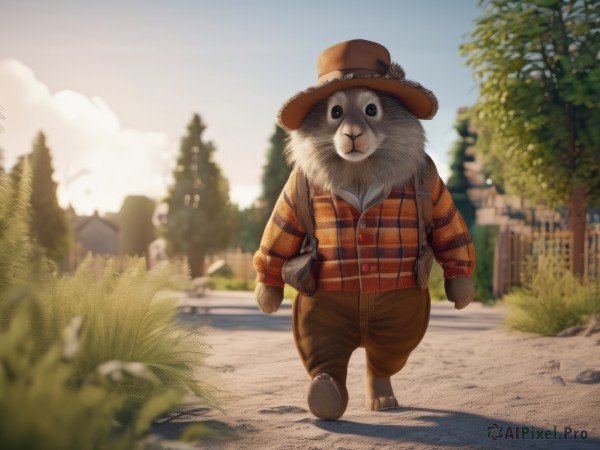 solo,looking at viewer,shirt,long sleeves,hat,standing,jacket,full body,outdoors,sky,day,pants,artist name,cloud,signature,blurry,black eyes,tree,blue sky,plaid,no humans,depth of field,blurry background,animal,suspenders,grass,building,furry,walking,running,brown headwear,straw hat,brown pants,animal focus,white fur,plaid shirt,gloves,bow,closed mouth,bag,vest,buttons,fence,bush,clothed animal