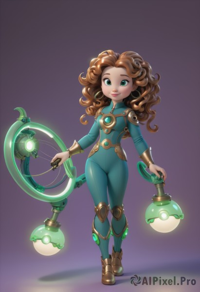 1girl,solo,long hair,breasts,looking at viewer,smile,simple background,brown hair,holding,closed mouth,green eyes,standing,full body,weapon,boots,armor,lips,gradient,gradient background,bodysuit,glowing,instrument,purple background,curly hair,lantern,green bodysuit