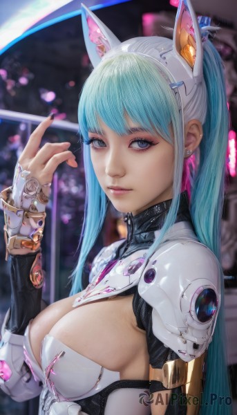 1girl,solo,long hair,breasts,looking at viewer,bangs,blue eyes,large breasts,gloves,animal ears,cleavage,jewelry,medium breasts,closed mouth,blue hair,upper body,ponytail,sidelocks,earrings,cat ears,hand up,nail polish,blurry,from side,lips,eyelashes,aqua hair,blurry background,fake animal ears,headgear,piercing,ear piercing,science fiction,mechanical ears,artist name,signature,armor,fingernails,grey eyes,makeup,night,depth of field,black nails,armlet,eyeshadow,pink lips,realistic,nose,cyborg,cyberpunk