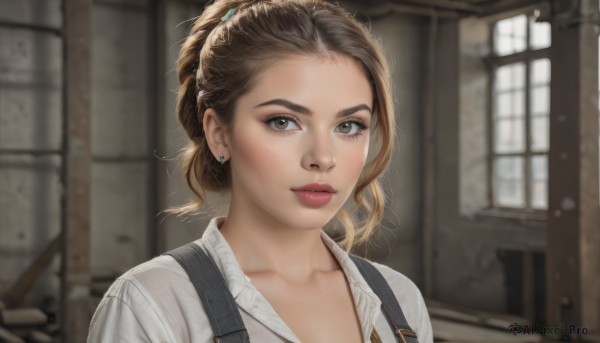 1girl,solo,looking at viewer,brown hair,shirt,brown eyes,jewelry,closed mouth,collarbone,white shirt,upper body,ponytail,earrings,collared shirt,indoors,blurry,lips,eyelashes,window,depth of field,blurry background,suspenders,portrait,freckles,realistic,nose,stud earrings,day,makeup,forehead,unbuttoned,hair pulled back,unbuttoned shirt