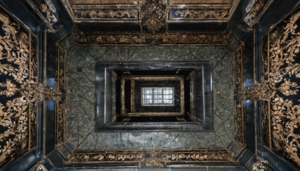 indoors,dutch angle,no humans,window,scenery,stairs,picture frame,painting (object),from above,chair,fantasy,door,wall,gold,throne,still life,carpet