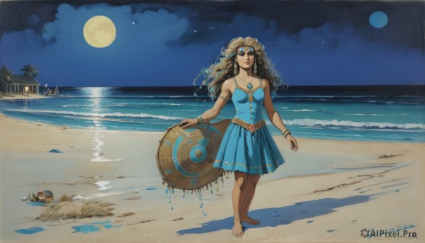 1girl,solo,long hair,breasts,looking at viewer,smile,blue eyes,skirt,brown hair,black hair,dress,holding,cleavage,bare shoulders,jewelry,medium breasts,standing,full body,earrings,outdoors,sky,barefoot,belt,artist name,cloud,signature,dark skin,water,necklace,bracelet,dark-skinned female,tree,lips,blue skirt,night,blue dress,shadow,ocean,wavy hair,beach,moon,goggles,star (sky),night sky,full moon,armlet,starry sky,walking,curly hair,sand,palm tree,waves,moonlight,footprints,dated,gem,scenery,shield,circlet,forehead jewel,holding shield,surfboard