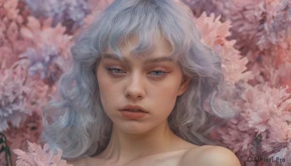 1girl,solo,long hair,looking at viewer,bangs,blue eyes,blue hair,collarbone,flower,white hair,grey hair,nude,parted lips,blurry,lips,grey eyes,eyelashes,wavy hair,portrait,freckles,realistic,bare shoulders,teeth,makeup,floral background