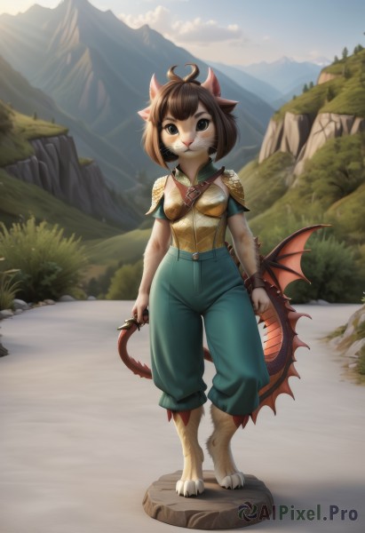 1girl,solo,breasts,looking at viewer,smile,short hair,bangs,brown hair,shirt,holding,animal ears,brown eyes,jewelry,closed mouth,standing,tail,full body,weapon,ahoge,short sleeves,sidelocks,small breasts,outdoors,wings,sky,barefoot,day,shiny,collared shirt,pants,artist name,cloud,cat ears,signature,holding weapon,armor,black eyes,shiny hair,bracelet,tree,blue sky,cat tail,:3,watermark,facial mark,happy,suspenders,grass,cat girl,shoulder armor,claws,furry,light blush,animal hands,breastplate,rock,mountain,green shirt,furry female,blue pants,bush,body fur,white fur,straight-on,dirty,animal nose,red wings,green pants,whiskers,mountainous horizon,path,animal feet,green eyes,shorts,sunlight,wristband,nature,scenery,walking,yellow shirt,arms at sides,overalls,low wings