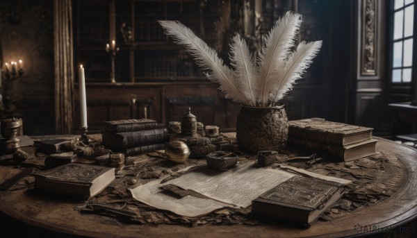 day,indoors,book,no humans,window,chair,table,feathers,scenery,wooden floor,paper,bookshelf,candle,scroll,book stack,still life,carpet,quill,candlestand,fireplace,inkwell,blurry,rug,chandelier,globe