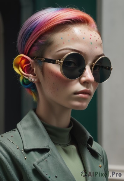 1girl,solo,looking at viewer,short hair,shirt,jewelry,closed mouth,jacket,upper body,pink hair,red hair,multicolored hair,earrings,glasses,artist name,blurry,black eyes,two-tone hair,lips,makeup,blurry background,turtleneck,watermark,piercing,sunglasses,ear piercing,portrait,forehead,freckles,black-framed eyewear,realistic,grey jacket,nose,round eyewear,denim jacket,blue eyes,1boy,purple hair,male focus,eyelashes,denim,web address,green jacket,bald,leather,aviator sunglasses