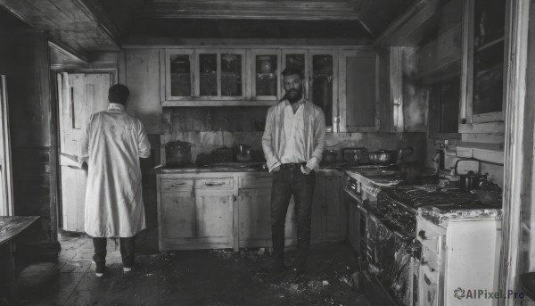 short hair,shirt,long sleeves,holding,standing,monochrome,greyscale,male focus,multiple boys,shoes,pants,indoors,2boys,from behind,coat,window,mask,door,tiles,facing away,tile floor,kitchen,horror (theme),sink,cabinet,stove,1boy,hat,table,suspenders,mouth mask,dark,doorway,doctor