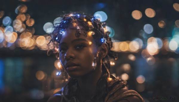 1girl, solo, looking at viewer, brown hair, hair ornament, brown eyes, jewelry, closed mouth, earrings, dark skin, necklace, blurry, dark-skinned female, lips, depth of field, blurry background, portrait, realistic, nose, bokeh, very dark skin, dreadlocks