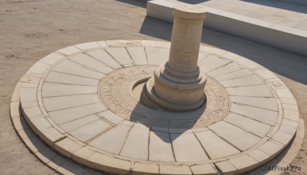 no humans,shadow,scenery,shade,pillar,still life,column,outdoors,day,book,magic circle,stone floor,brick floor