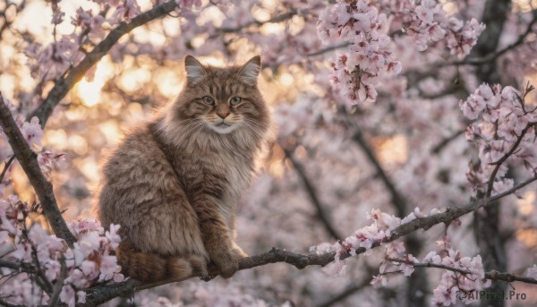 looking at viewer, flower, outdoors, blurry, tree, no humans, depth of field, blurry background, animal, cat, cherry blossoms, realistic, branch, animal focus