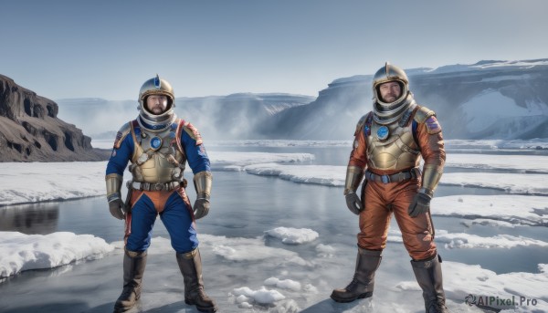 brown hair,gloves,standing,male focus,boots,outdoors,multiple boys,day,black gloves,pants,2boys,black footwear,armor,helmet,scenery,snow,clenched hands,mountain,ambiguous gender,2others,spacesuit,space helmet,weapon,science fiction,realistic,american flag