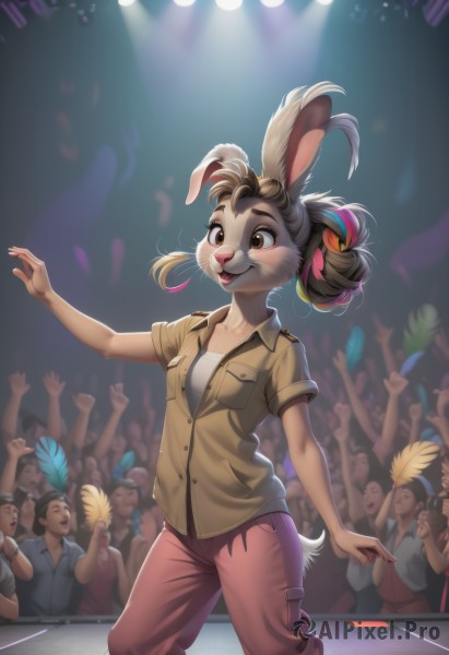 1girl,breasts,smile,short hair,open mouth,bangs,multiple girls,brown hair,shirt,holding,animal ears,brown eyes,standing,collarbone,tail,white shirt,short sleeves,:d,multicolored hair,small breasts,multiple boys,teeth,solo focus,collared shirt,pants,artist name,hand up,signature,hair bun,rabbit ears,arm up,two-tone hair,streaked hair,buttons,upper teeth only,watermark,happy,single hair bun,feathers,rabbit tail,grey shirt,furry,6+boys,pocket,rabbit girl,furry female,breast pocket,brown shirt,dancing,body fur,brown pants,red pants,animal nose,crowd,whiskers,brown fur,stage,spotlight,stage lights,glowstick,buck teeth,people,cheering,concert,solo,blonde hair,hair ornament,closed mouth,jacket,white hair,cowboy shot,indoors,looking to the side,feet out of frame,looking away,outstretched arm,pointing,web address,backlighting,brown jacket,pink pants,audience