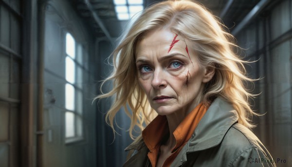 HQ,1girl,solo,long hair,looking at viewer,blue eyes,blonde hair,shirt,closed mouth,jacket,artist name,indoors,lips,window,blood,scar,portrait,scar on face,injury,realistic,nose,old woman,upper body,blurry,blurry background,sunlight,messy hair,freckles,veins,blood on face