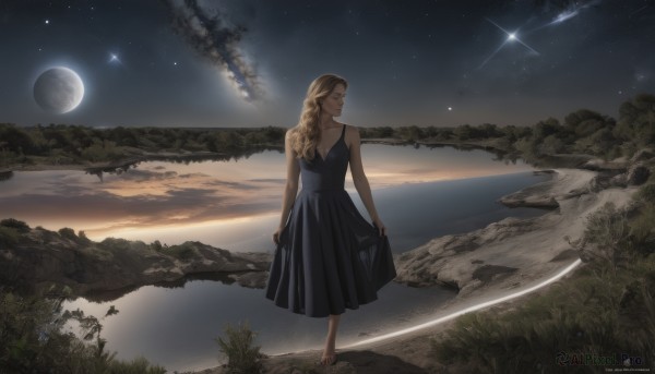 1girl,solo,long hair,blonde hair,brown hair,dress,bare shoulders,standing,closed eyes,braid,outdoors,sky,barefoot,sleeveless,artist name,cloud,signature,water,from behind,black dress,tree,bare arms,single braid,night,sleeveless dress,blue dress,moon,grass,star (sky),nature,night sky,scenery,hair over shoulder,full moon,starry sky,reflection,rock,skirt hold,planet,river,lake,shooting star,breasts,pointy ears,profile,ocean,watermark,plant,curly hair,fantasy,horizon,landscape,shore