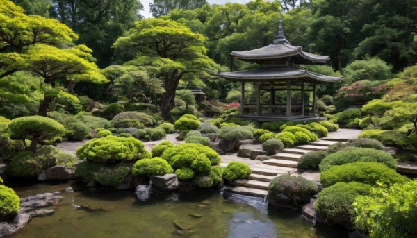 outdoors,day,water,tree,no humans,grass,building,nature,scenery,forest,rock,stairs,road,bush,architecture,east asian architecture,river,shrine,path,moss,stone,pond,stone lantern,real world location,plant