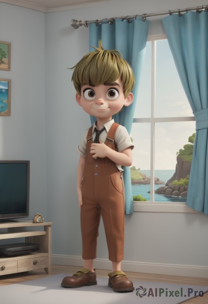 solo,looking at viewer,smile,short hair,blonde hair,brown hair,shirt,1boy,brown eyes,standing,full body,white shirt,short sleeves,male focus,necktie,shoes,collared shirt,indoors,water,window,brown footwear,thick eyebrows,suspenders,curtains,child,overalls,male child,television,desk,clock