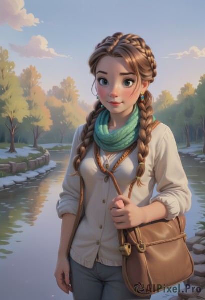 1girl,solo,long hair,breasts,looking at viewer,blush,smile,brown hair,shirt,long sleeves,brown eyes,jewelry,closed mouth,green eyes,standing,white shirt,braid,cowboy shot,earrings,small breasts,outdoors,sky,day,pants,cloud,water,necklace,bag,scarf,twin braids,tree,lips,makeup,buttons,thick eyebrows,cardigan,denim,hair over shoulder,forehead,freckles,reflection,jeans,handbag,shoulder bag,nose,red lips,river,lake,mole above mouth,multiple braids,blue eyes,medium breasts,artist name,blue sky,fingernails,cloudy sky,casual,contemporary,grey pants,satchel,white cardigan