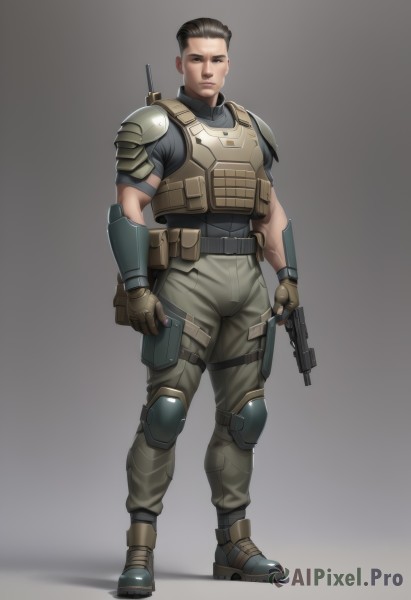 solo,looking at viewer,short hair,brown hair,shirt,black hair,gloves,1boy,holding,brown eyes,closed mouth,standing,full body,weapon,male focus,boots,belt,pants,holding weapon,armor,vest,gun,military,black shirt,muscular,muscular male,holding gun,bara,rifle,brown gloves,assault rifle,knee pads,bulletproof vest,uniform,realistic,shoulder pads