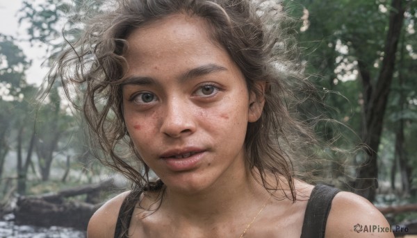 1girl,solo,looking at viewer,smile,brown hair,brown eyes,jewelry,outdoors,parted lips,teeth,necklace,mole,blurry,tree,lips,blood,tank top,messy hair,portrait,freckles,realistic,nose,bare shoulders,day,depth of field,blurry background,backpack,wind,nature,close-up,forest,blood on face,dirty,dirty face,mole on cheek