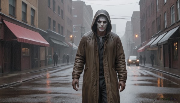 solo,looking at viewer,smile,long sleeves,1boy,standing,jacket,male focus,outdoors,sky,solo focus,pants,hood,coat,hoodie,ground vehicle,building,motor vehicle,hood up,walking,rain,city,realistic,car,road,brown coat,power lines,lamppost,street,trench coat,shirt,red eyes,gloves,scenery,people,crosswalk