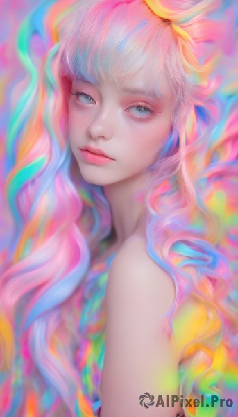 1girl,solo,long hair,looking at viewer,bangs,blue eyes,bare shoulders,closed mouth,blue hair,upper body,pink hair,nude,multicolored hair,artist name,from side,lips,grey eyes,eyelashes,makeup,watermark,realistic,nose,colorful,white hair,gradient hair,freckles,pink lips,rainbow hair