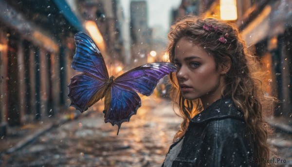 1girl, solo, long hair, looking at viewer, blue eyes, brown hair, hair ornament, jacket, upper body, outdoors, blurry, from side, lips, blurry background, bug, denim, butterfly, freckles, curly hair, realistic, nose, blue butterfly, denim jacket