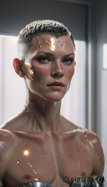 1girl,solo,breasts,looking at viewer,short hair,blue eyes,black hair,1boy,nipples,collarbone,upper body,male focus,dark skin,mole,blurry,dark-skinned female,lips,blurry background,freckles,science fiction,realistic,nose,android,very short hair,undercut,cyborg,dirty,robot joints,body freckles,jewelry,facial mark,genderswap,bandaid,backlighting,very dark skin,dark nipples,mechanical parts