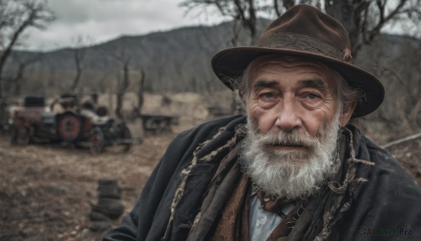 solo,looking at viewer,shirt,1boy,hat,jacket,upper body,white hair,grey hair,male focus,outdoors,necktie,day,collared shirt,blurry,tree,coat,blurry background,facial hair,thick eyebrows,blue shirt,ground vehicle,motor vehicle,beard,mature male,realistic,mustache,brown headwear,military vehicle,car,manly,tank,old,old man,grey sky,smile,closed mouth,white shirt,bowtie,black jacket,grey eyes,depth of field,chain,snow,mountain,bare tree