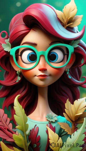 1girl,solo,long hair,looking at viewer,blush,smile,blue eyes,shirt,hair ornament,jewelry,closed mouth,upper body,pink hair,flower,red hair,multicolored hair,earrings,glasses,artist name,hair flower,blurry,lips,eyelashes,makeup,leaf,lipstick,portrait,eyeshadow,freckles,green background,yellow flower,nose,green-framed eyewear,open mouth,two-tone hair,streaked hair,watermark,feathers,web address,curly hair