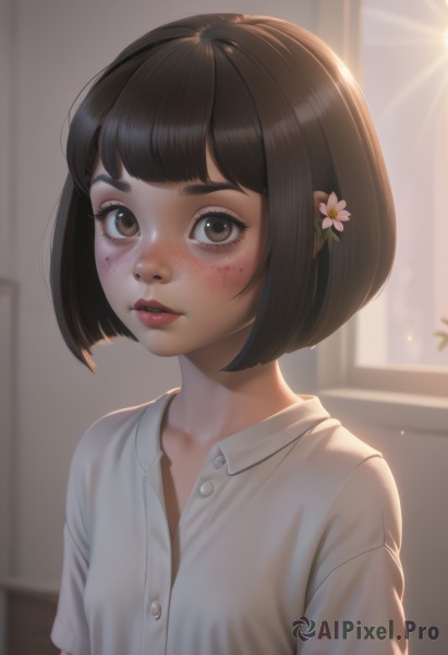 1girl,solo,looking at viewer,blush,short hair,bangs,brown hair,shirt,black hair,hair ornament,brown eyes,collarbone,white shirt,upper body,flower,short sleeves,small breasts,parted lips,collared shirt,artist name,indoors,hair flower,blunt bangs,blurry,lips,eyelashes,window,dress shirt,buttons,blurry background,sunlight,bob cut,pink flower,backlighting,freckles,nose