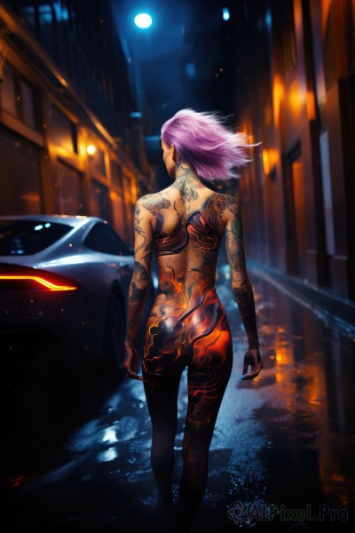 1girl,solo,short hair,standing,pink hair,purple hair,ass,nude,outdoors,from behind,blurry,tattoo,night,back,moon,ground vehicle,motor vehicle,full moon,city,arms at sides,facing away,car,road,arm tattoo,street,back tattoo,sports car,full-body tattoo,completely nude,wind,building,reflection,rain,cyberpunk