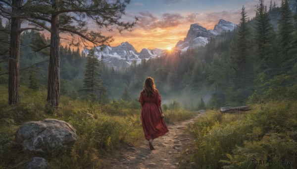 1girl,solo,long hair,brown hair,dress,standing,outdoors,sky,cloud,from behind,tree,red dress,sunlight,cloudy sky,grass,nature,scenery,forest,walking,sunset,rock,mountain,sun,facing away,road,landscape,mountainous horizon,path,signature,wide shot