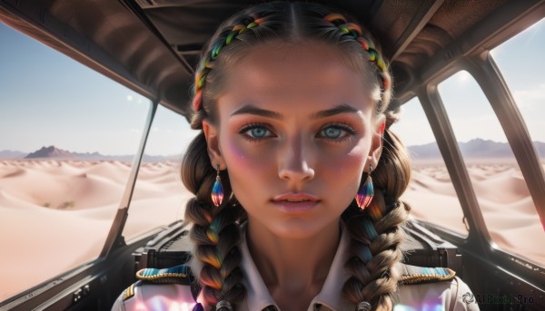 1girl,solo,long hair,looking at viewer,blue eyes,brown hair,shirt,hair ornament,jewelry,white shirt,upper body,braid,earrings,outdoors,parted lips,sky,day,collared shirt,uniform,twin braids,lips,military,eyelashes,makeup,ground vehicle,portrait,hair over shoulder,motor vehicle,freckles,mountain,realistic,aircraft,desert,multiple braids,black hair,multicolored hair,teeth,blurry,blue sky,blurry background,sunlight,thick eyebrows,lipstick,gem,forehead,eyeshadow,backlighting,nose,car interior