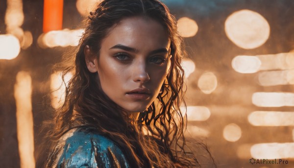 1girl,solo,long hair,looking at viewer,blue eyes,brown hair,black hair,closed mouth,upper body,blurry,lips,eyelashes,depth of field,blurry background,wavy hair,expressionless,messy hair,portrait,forehead,backlighting,freckles,curly hair,realistic,nose,bokeh,jewelry,earrings,parted lips,from side,sunlight,light