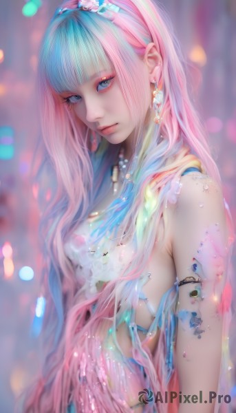 1girl,solo,long hair,breasts,looking at viewer,bangs,blue eyes,bare shoulders,jewelry,medium breasts,very long hair,closed mouth,blue hair,upper body,pink hair,multicolored hair,hairband,earrings,blunt bangs,necklace,blurry,from side,lips,eyelashes,aqua hair,makeup,depth of field,blurry background,gem,armlet,eyeshadow,realistic,artist name,two-tone hair,gradient hair,expressionless,straight hair,crystal,pink lips,nose,eyeliner,mascara