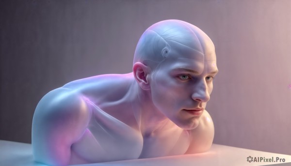 HQ,solo,blue eyes,1boy,closed mouth,green eyes,collarbone,upper body,male focus,nude,artist name,lips,realistic,nose,bald,white hair,muscular,science fiction