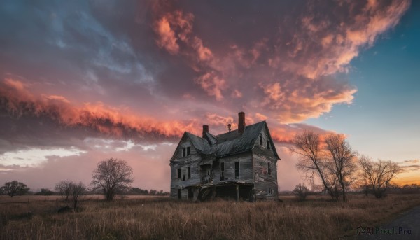 outdoors,sky,cloud,water,tree,no humans,window,cloudy sky,grass,ground vehicle,building,star (sky),nature,scenery,forest,sunset,mountain,door,house,bare tree,twilight,evening,1girl,solo,starry sky,field,gradient sky,orange sky,dusk,instrument case,chimney,wood