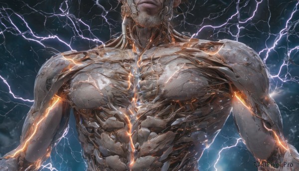 solo, 1boy, upper body, male focus, muscular, helmet, science fiction, realistic, electricity, cyborg, lightning