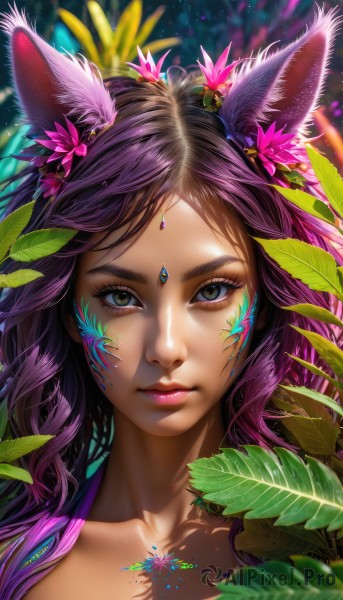 1girl,solo,long hair,looking at viewer,bangs,brown hair,hair ornament,animal ears,brown eyes,closed mouth,collarbone,upper body,purple hair,flower,multicolored hair,artist name,signature,hair flower,blurry,lips,grey eyes,fox ears,eyelashes,makeup,leaf,watermark,facial mark,plant,lipstick,gem,portrait,web address,eyeshadow,freckles,pink lips,realistic,nose,eyeliner,mascara,blue eyes,jewelry