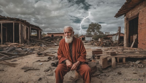 solo,1boy,holding,sitting,white hair,male focus,outdoors,japanese clothes,sky,cloud,tree,facial hair,cloudy sky,building,beard,realistic,mustache,bald,manly,ruins,house,old,old man,lightning,scenery,rock,electricity