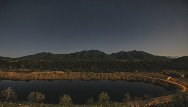 outdoors,sky,cloud,tree,no humans,night,grass,star (sky),nature,night sky,scenery,forest,starry sky,mountain,road,field,river,landscape,mountainous horizon,hill,water,ground vehicle,reflection,lake