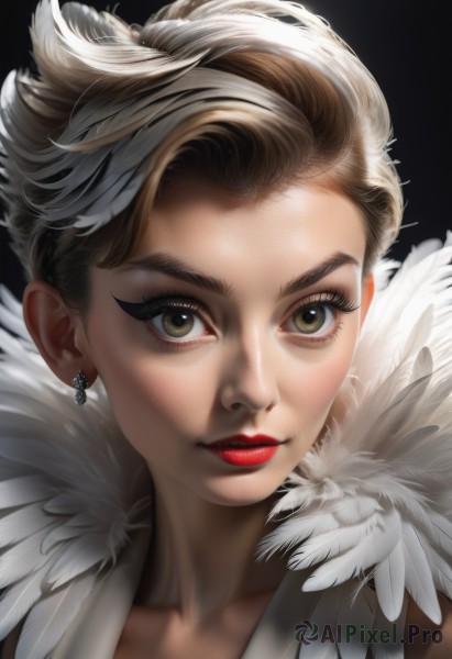 1girl,solo,looking at viewer,short hair,blonde hair,simple background,brown hair,brown eyes,jewelry,closed mouth,collarbone,white hair,multicolored hair,earrings,lips,eyelashes,makeup,feathers,lipstick,black background,portrait,close-up,eyeshadow,realistic,nose,red lips,mascara