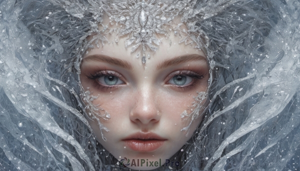 1girl,solo,looking at viewer,blue eyes,closed mouth,white hair,grey hair,water,lips,grey eyes,eyelashes,portrait,snow,close-up,ice,realistic,red lips,snowflakes,straight-on,expressionless,freckles,nose