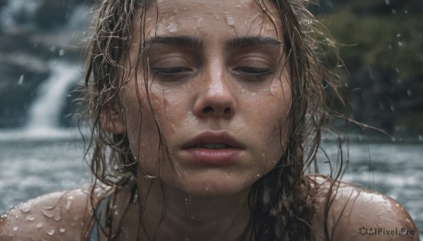 1girl, solo, long hair, looking at viewer, brown hair, black hair, outdoors, parted lips, teeth, water, blurry, lips, wet, blurry background, messy hair, portrait, close-up, realistic, wet hair