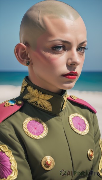 1girl,solo,looking at viewer,short hair,blue eyes,blonde hair,jewelry,upper body,earrings,parted lips,day,mole,blurry,uniform,lips,grey eyes,military,mole under eye,military uniform,makeup,blurry background,ocean,lipstick,freckles,epaulettes,green jacket,realistic,red lips,very short hair,badge,military jacket,medal,blush,1boy,male focus,bald,soldier