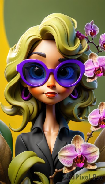 1girl,solo,looking at viewer,smile,open mouth,blue eyes,blonde hair,shirt,jewelry,collarbone,upper body,flower,earrings,glasses,lips,black shirt,makeup,leaf,formal,sunglasses,suit,plant,lipstick,hoop earrings,tinted eyewear,long hair,breasts,short hair,cleavage,curly hair