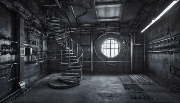 monochrome,greyscale,indoors,no humans,window,sunlight,scenery,science fiction,stairs,door,cable,industrial pipe,ceiling light,grey theme