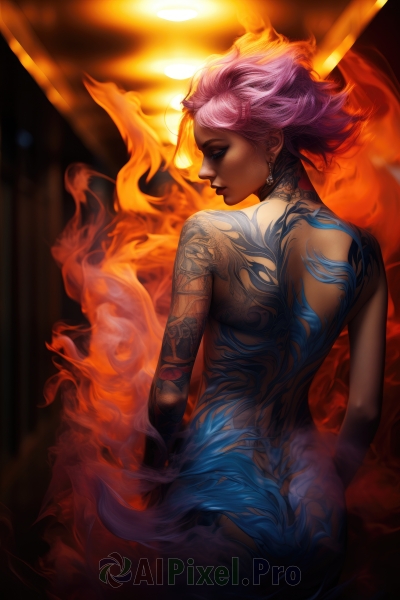 1girl,solo,short hair,blue eyes,jewelry,standing,closed eyes,pink hair,ass,nude,cowboy shot,earrings,choker,looking back,dark skin,from behind,dark-skinned female,lips,tattoo,profile,makeup,back,fire,realistic,nose,back tattoo,full-body tattoo,eyelashes